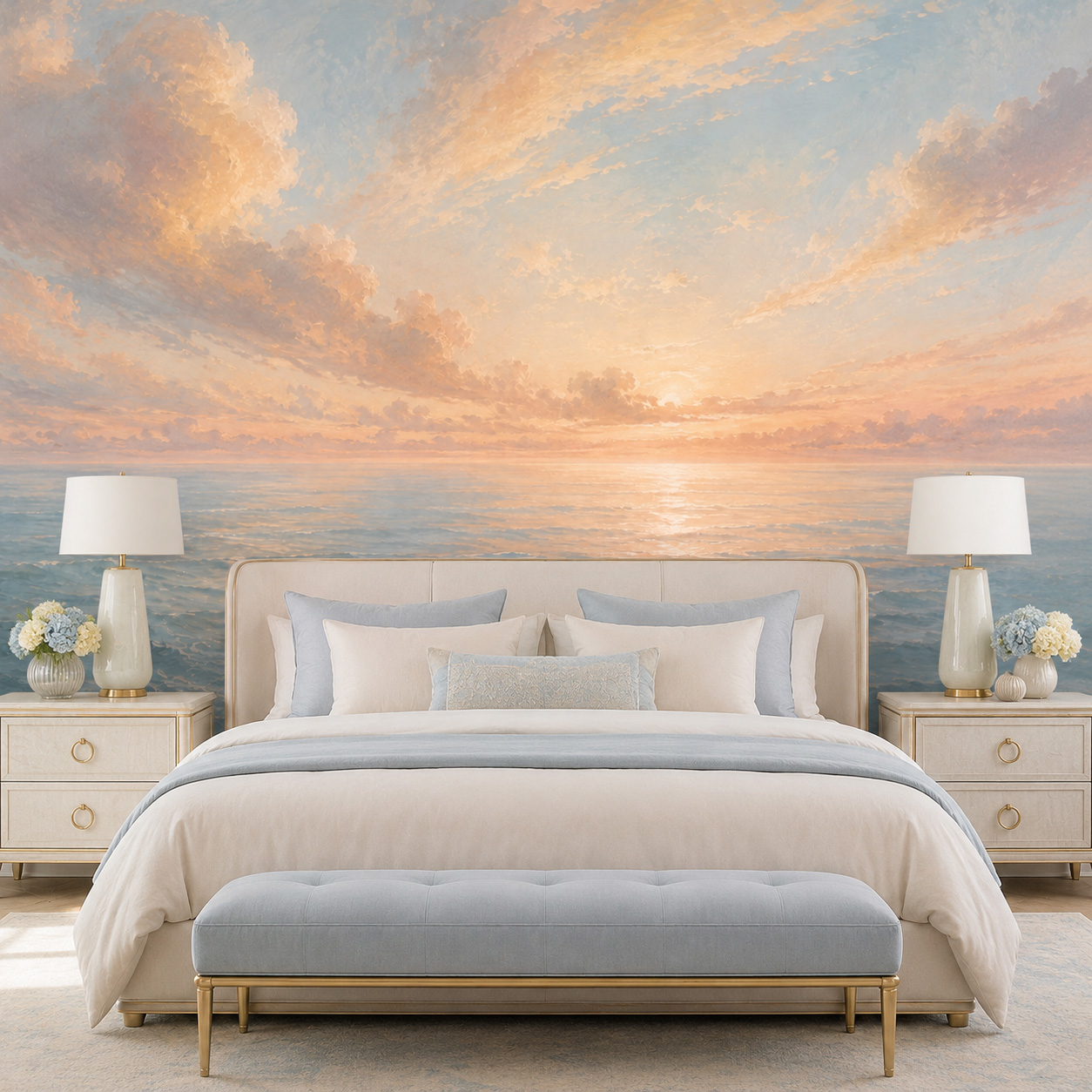 Sunrise Home Textiles & Apparel - パステルオーシャンサンライズ自己粘着壁紙 海景壁画 ピールアンドスティック コースタルベッドルーム リビングルーム ホームデコレーション