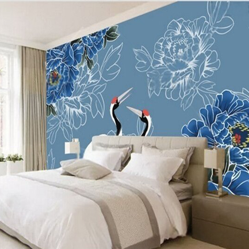 Home Textiles Trends - モダンな壁紙、豪華な家の寝室用、中国風の花柄と鶴の模様の壁紙