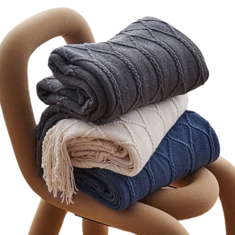 Throw Blanket Chunky Knit - ヴィンテージカーキグレーネイビータッセル付きニットブランケット、厚手で居心地の良い北欧風オーバーサイズベッドスプレッド、ソファ用ギフト用スローケット