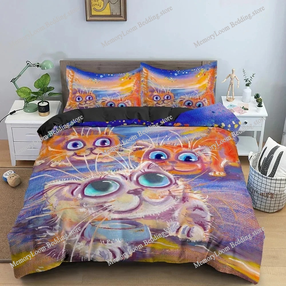 Home Textiles Trends - ファッショントレンドモダン水彩漫画猫寝具セットシングル/ツインサイズ布団カバー 3D プリントスタイリッシュなソフトホームテキスタイルセット