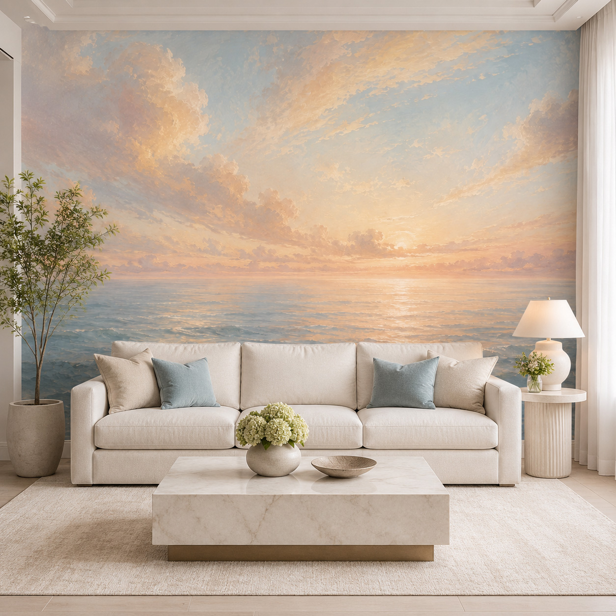 パステルオーシャンサンライズ自己粘着壁紙 海景壁画 ピールア - Sunrise Home Textiles & Apparel のレビューと価格