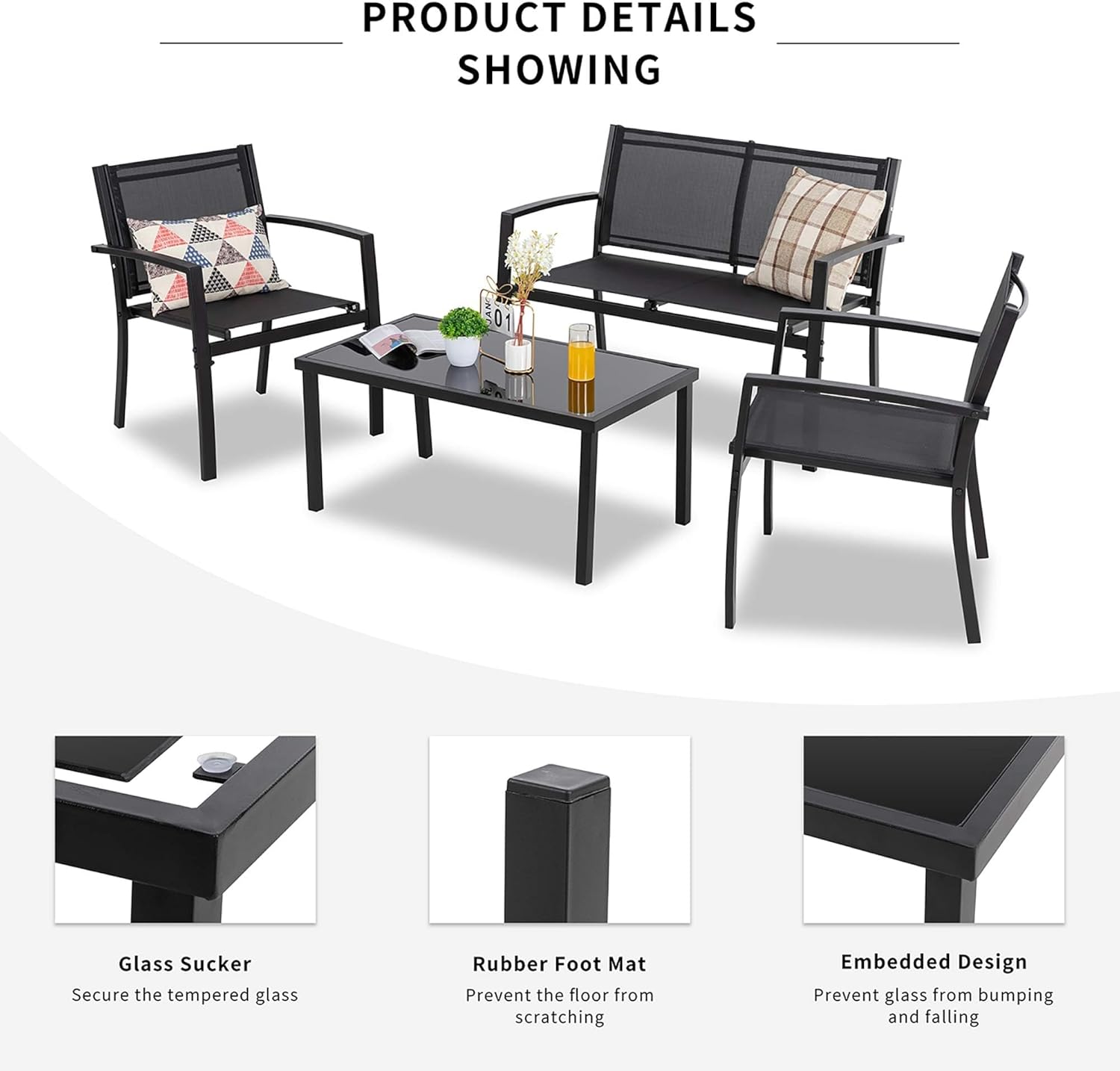 黒色の全天候型テキスタイル生地を使用した4ピース屋外会話セッ - Home Textiles Fabric のレビューと価格